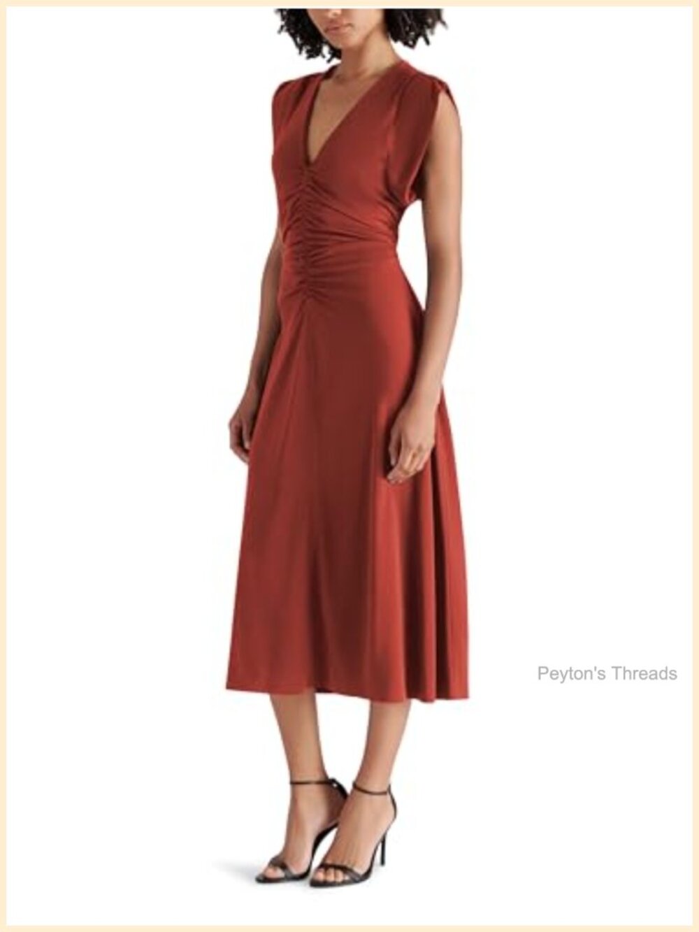 Steve Madden Honey Midi Dress Notch Neck Ruched A-Line